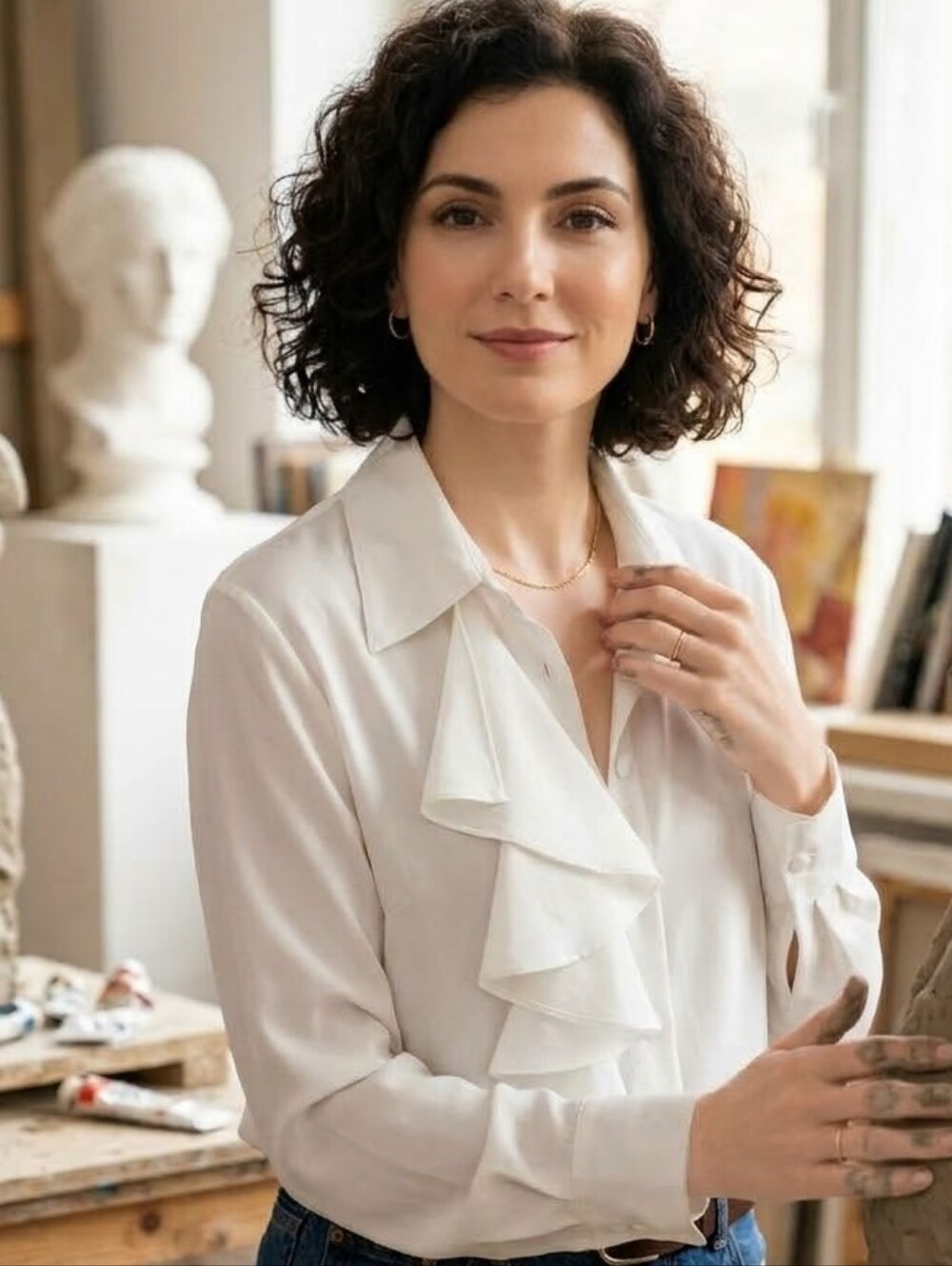 White Ruffle-Front Women's Blouse - Picture 1 of 3